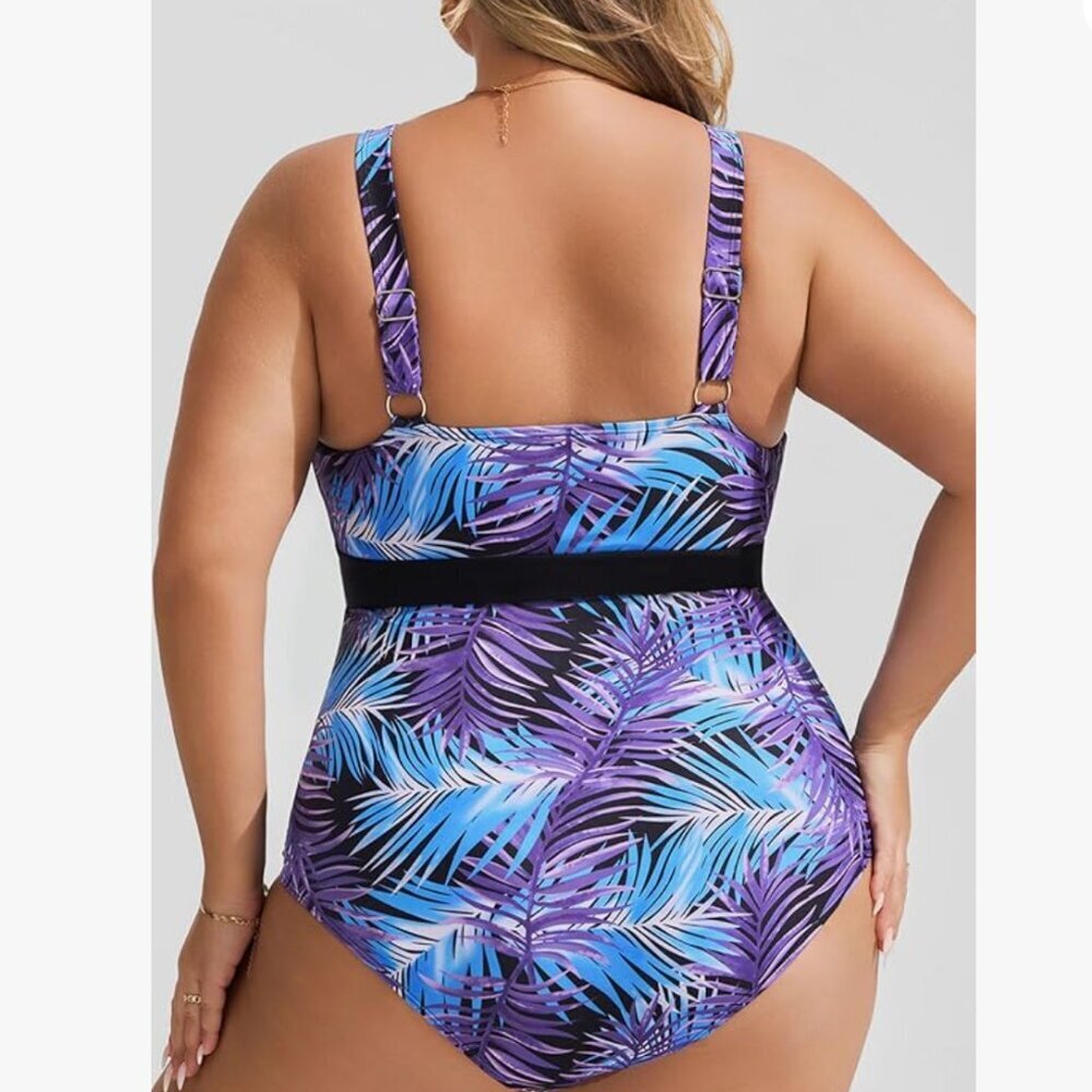 NWT! One Piece Tummy Control Blue Purple Leaf Swimsuit w Black Waist Tie. Sz. 20 - Picture 3 of 13